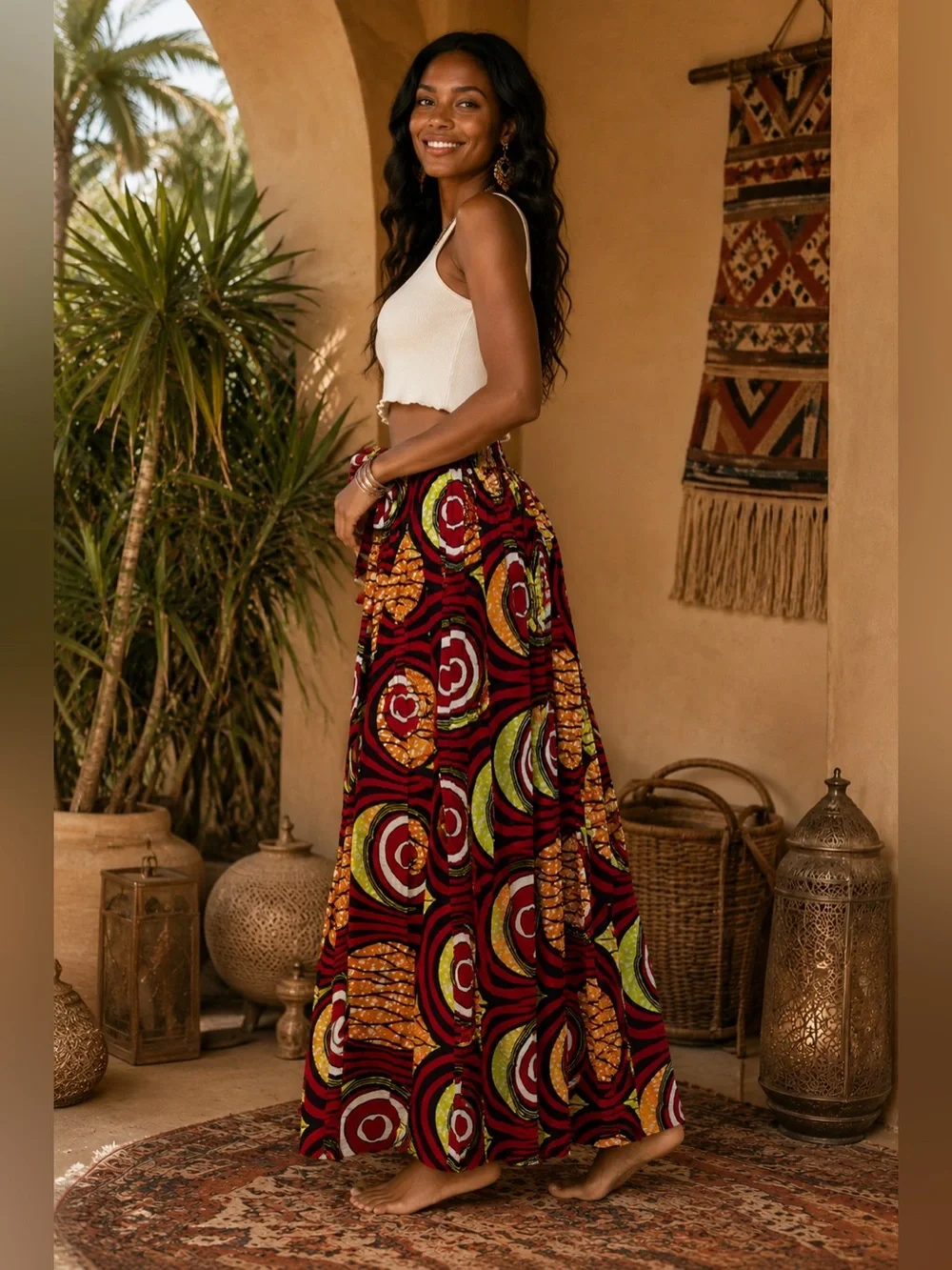 Boho African Print Maxi Skirt | Tie Waist | Side Pockets | Full Sweep